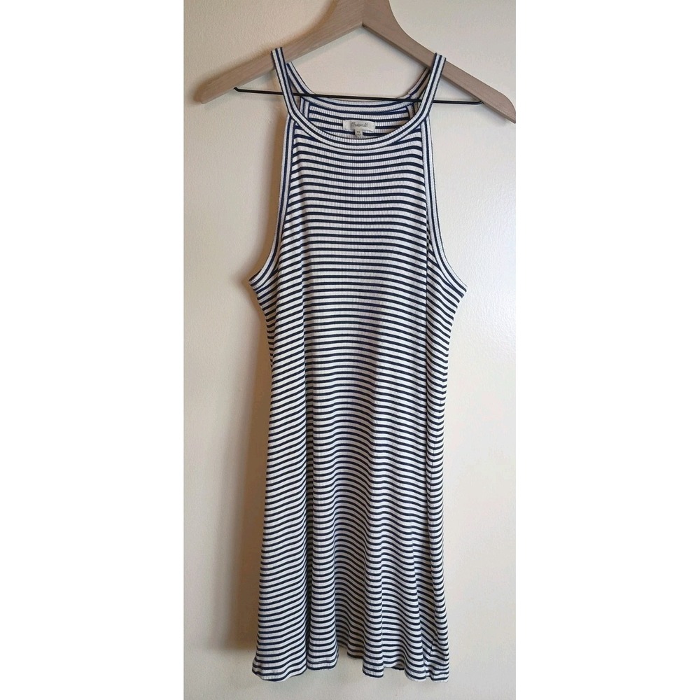 Madewell XL Navy White Striped Ribbed Tank Dress High Neck Sleeveless